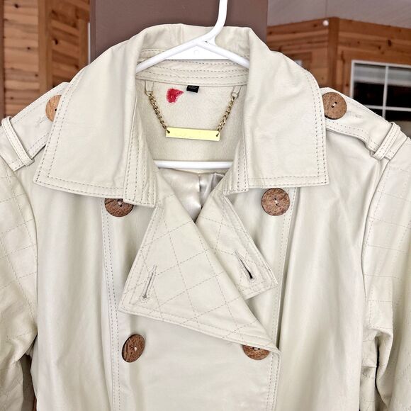 IMAN Leather Trench Coat Jacket Women M Cream Chic Retro Elegant Old World Fall - Picture 5 of 16
